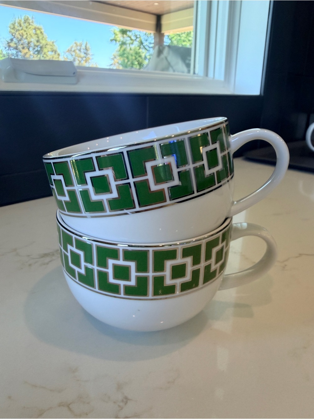 Set of 2 - Jonathan Adler Nixon Mugs Green and Silver on White (Porcelain)